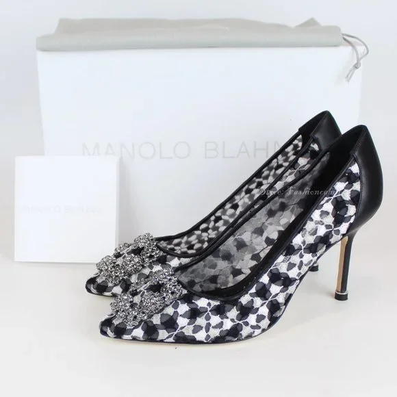 NEW MANOLO BLAHNIK Hangisi Mid-Heel Satin & Lace Pumps - Picture 2 of 13